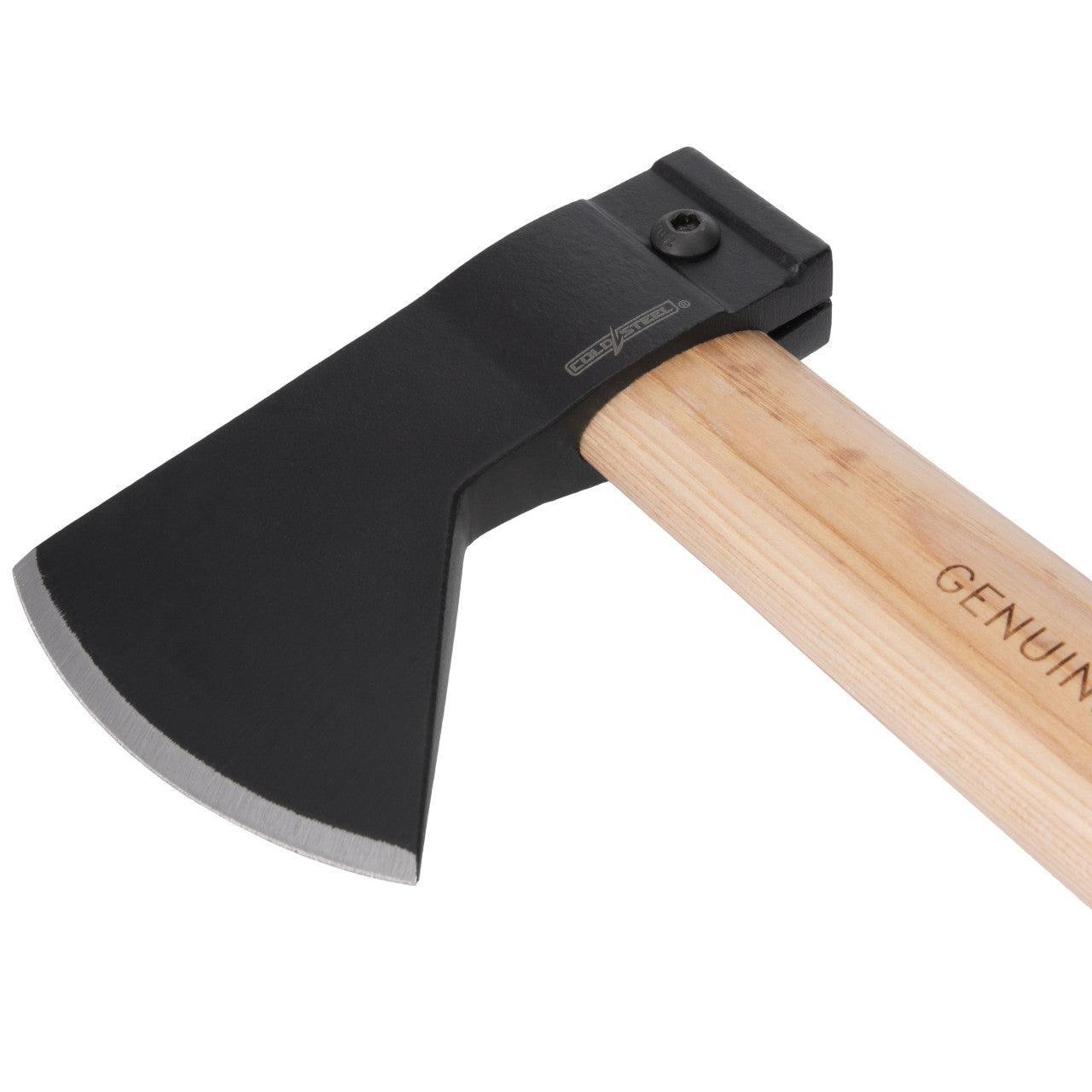 Cold Steel Hudson Bay Hatchet with black blade and wooden handle on white background