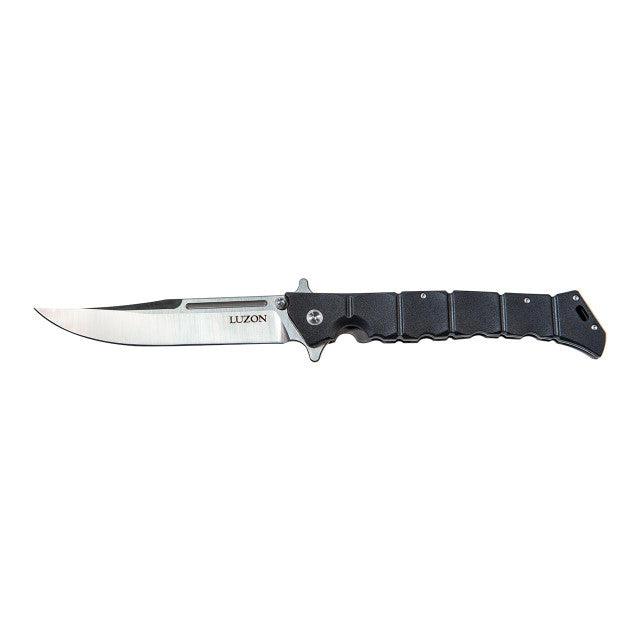 Luzon folding knife with stainless steel blade and black textured handle on white background