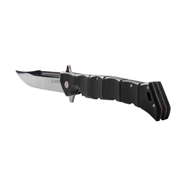 Luzon folding pocket knife with black textured handle and stainless steel blade on white background