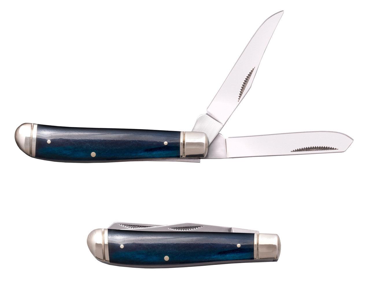Blue bone handle pocket knife with two open stainless steel blades on white background