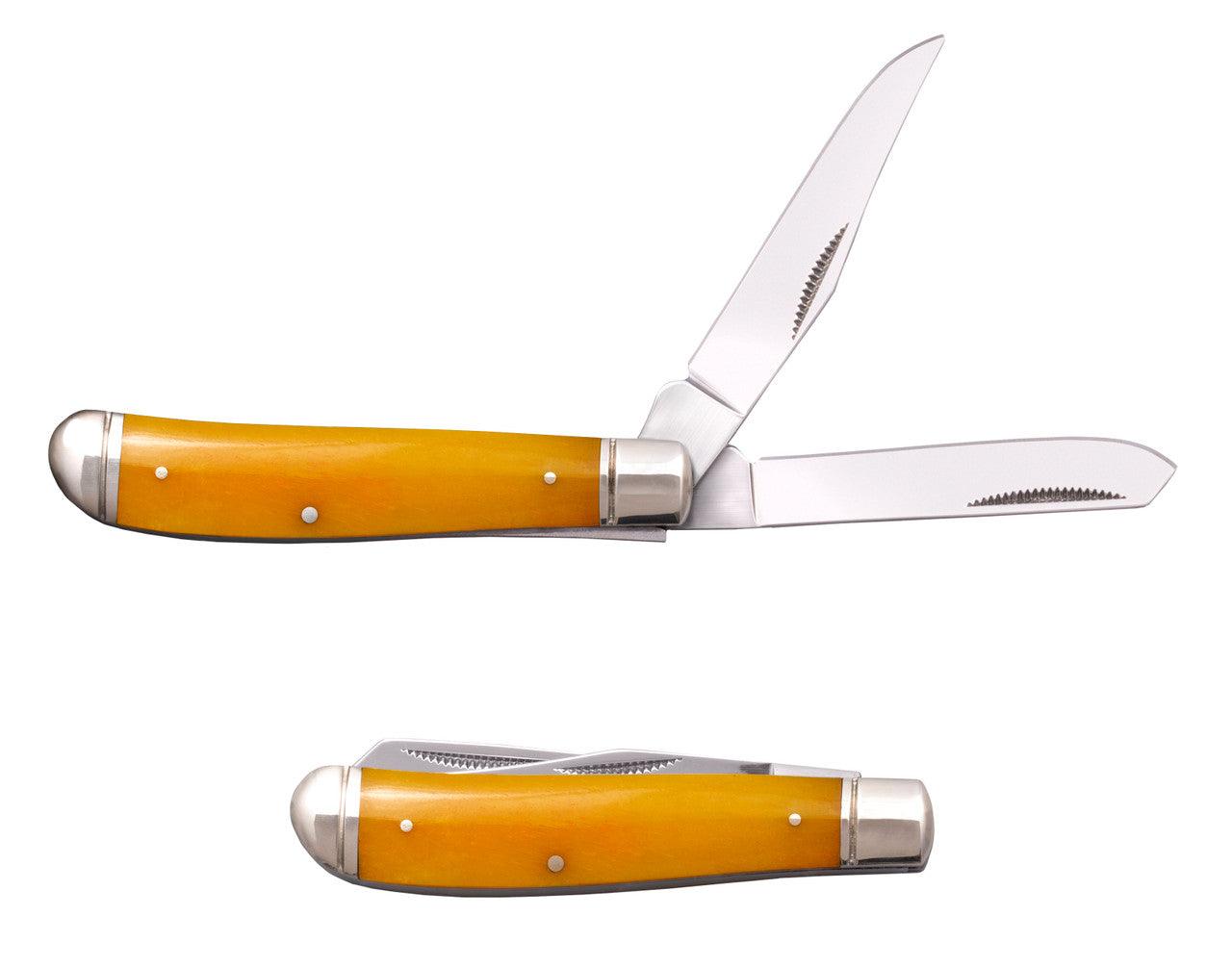 Yellow bone handle pocket knife with two stainless steel blades, open and closed views