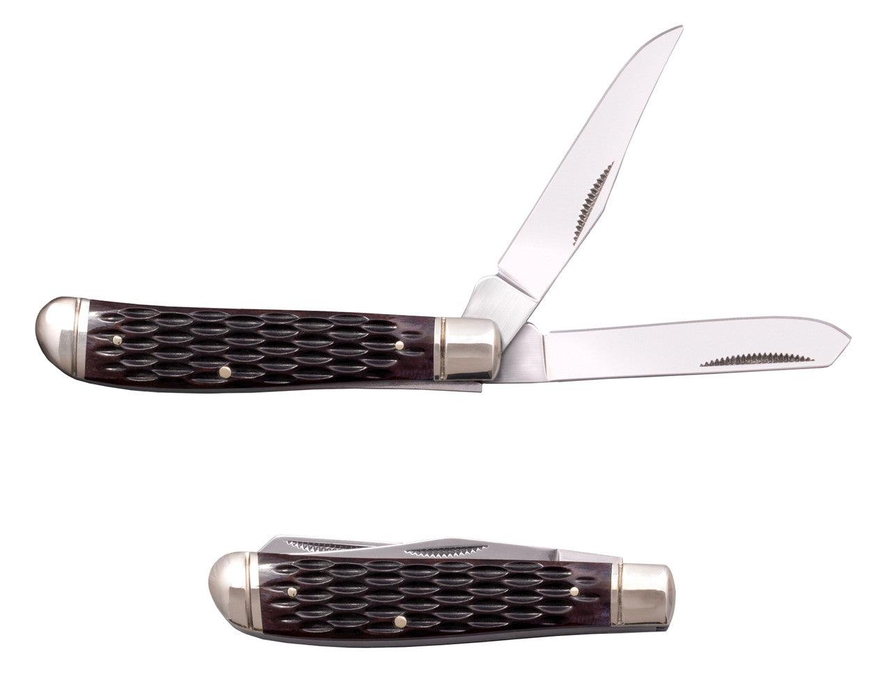 Two-blade pocket knife with dark textured handle, shown open and closed on white background.
