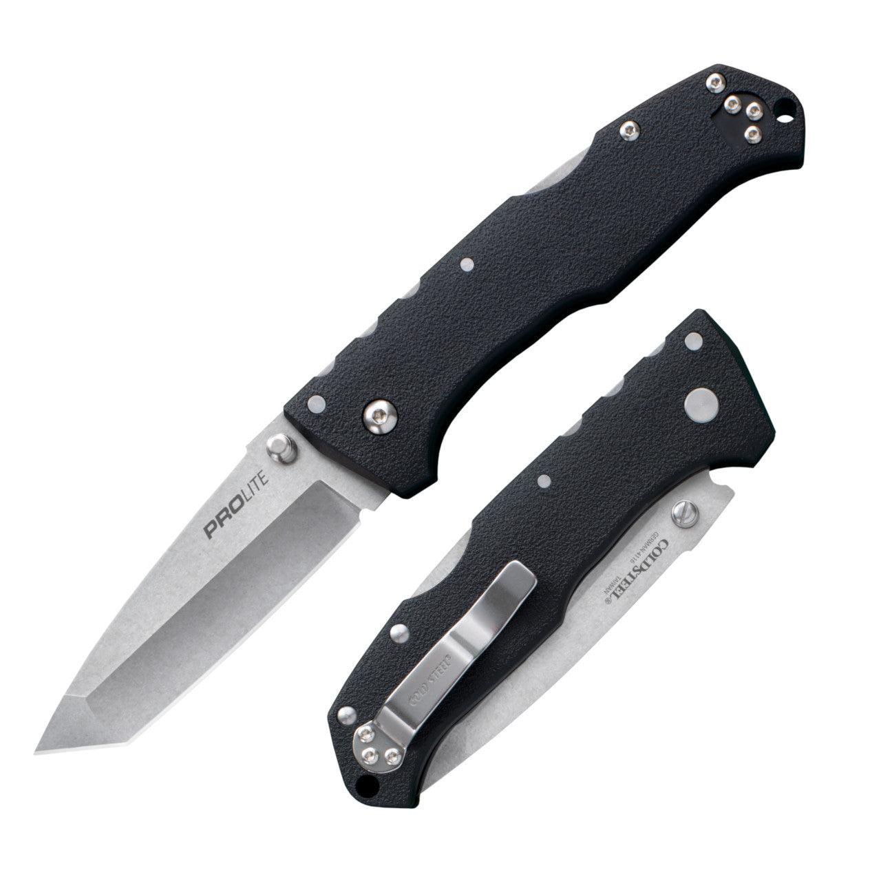 Cold Steel Pro Lite Sport Tanto folding knife with black textured handle, open and closed views