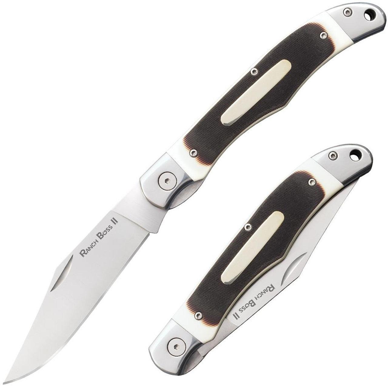 Cold Steel Ranch Boss II folding knife with black handle and stainless steel blade