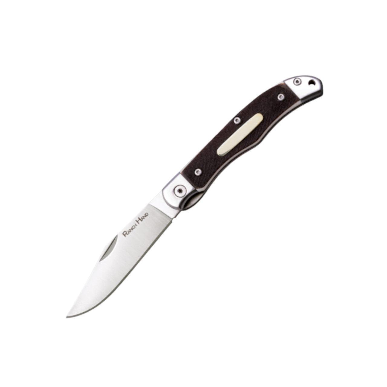 Ranch Hand folding pocket knife with stainless steel blade and dark handle on white background