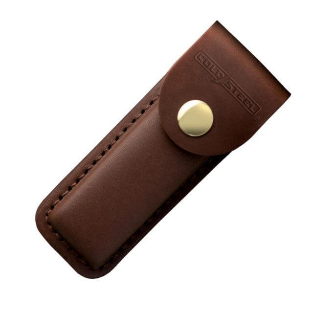 Brown leather pouch with snap button closure and embossed logo, knife sheath case