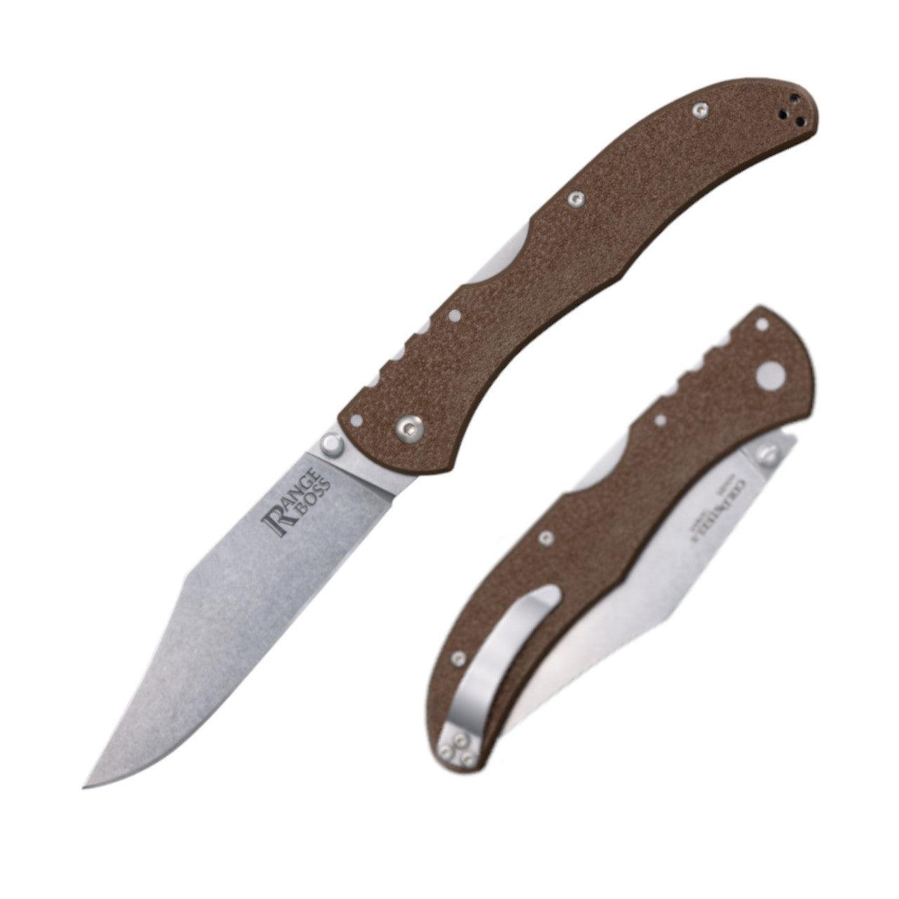 Range Boss folding knife with brown textured handle and stainless steel blade