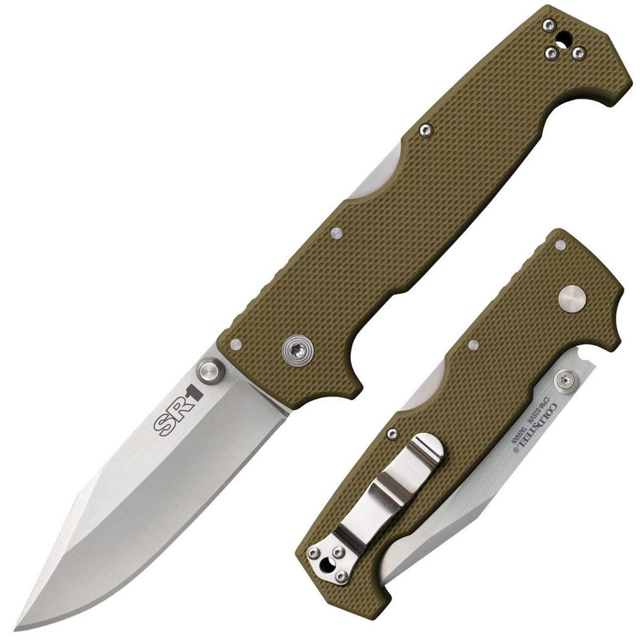 Cold Steel SR1 folding knife with green textured handle and stainless steel blade
