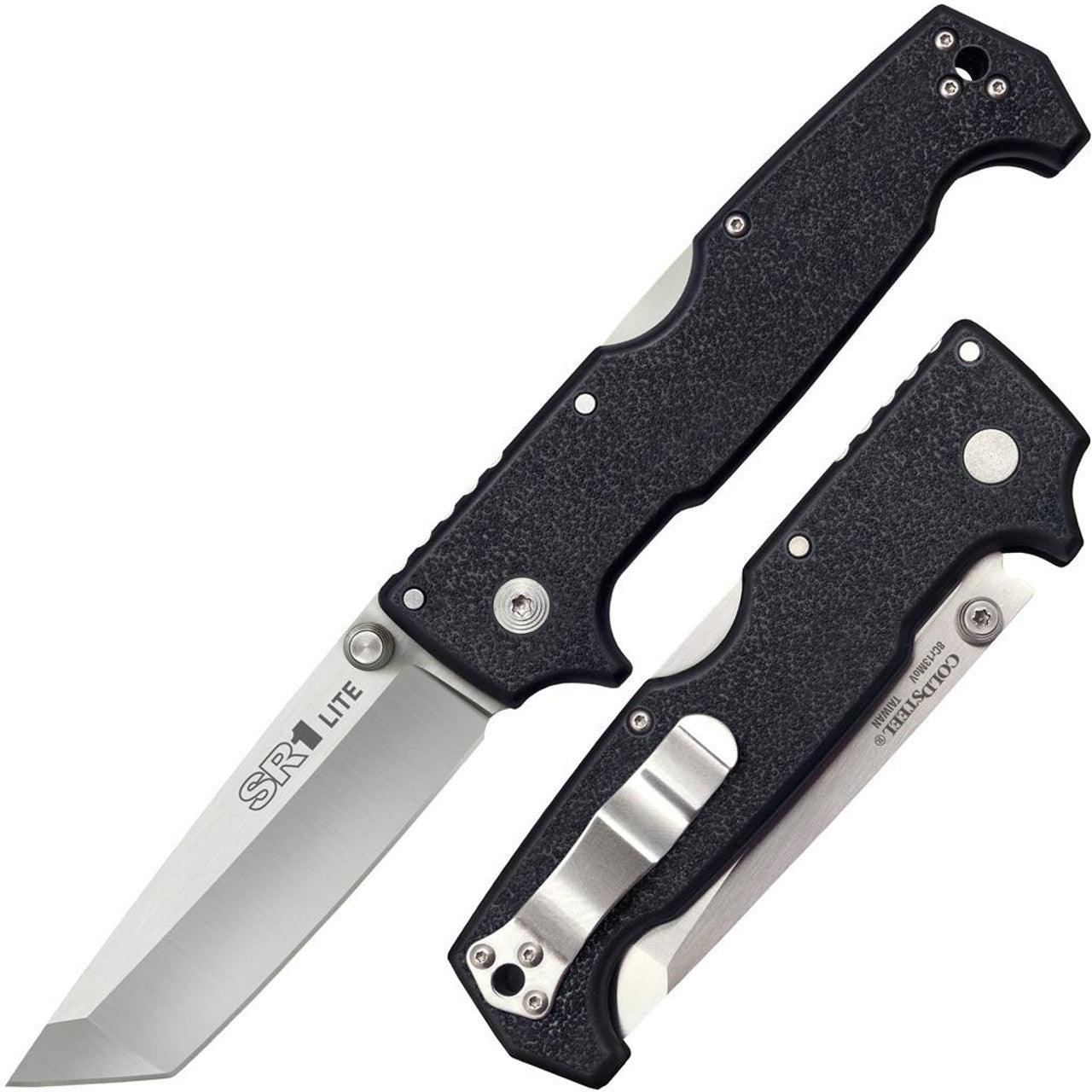 Cold Steel SR1 Lite folding knife with black textured handle and stainless blade