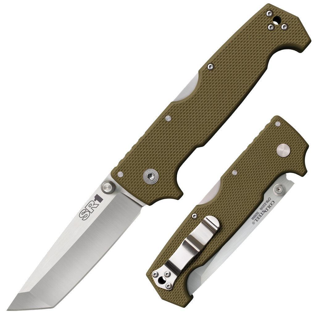 Olive green folding tactical knife with textured handle and tanto blade, SR1 model
