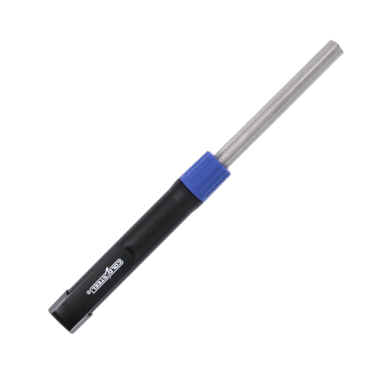 Ceramic stylus knife sharpener with black handle and blue collar on white background