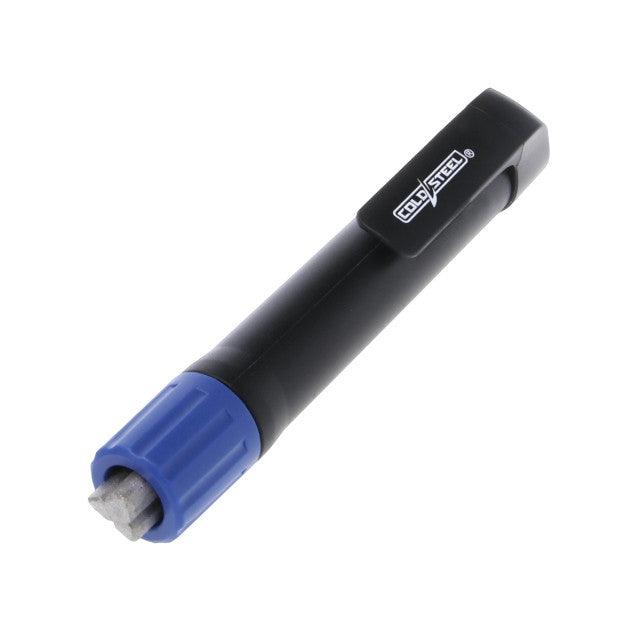 Cold Steel stylus knife sharpener with black body and blue cap on white background