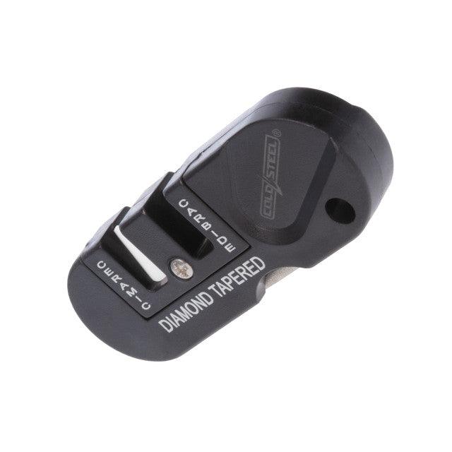 3-in-1 knife sharpener with diamond tapered edge, black compact design on white background