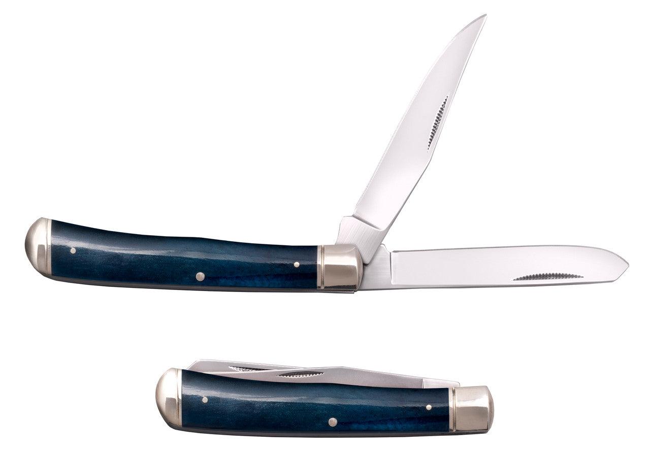 Blue bone handle trapper pocket knife with two open stainless steel blades, white background