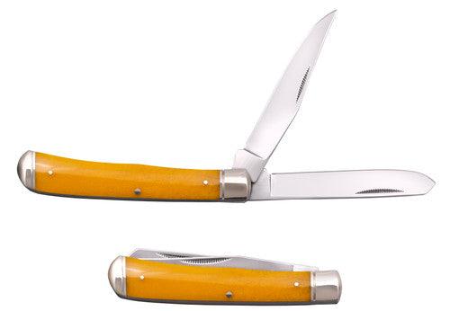 Yellow handle pocket knife with two open stainless steel blades on white background