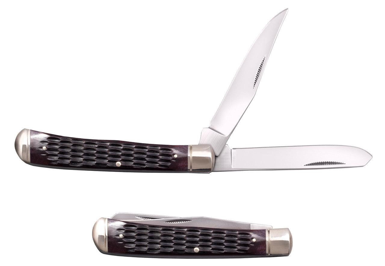 Traditional pocket knife with two stainless steel blades and dark textured handle