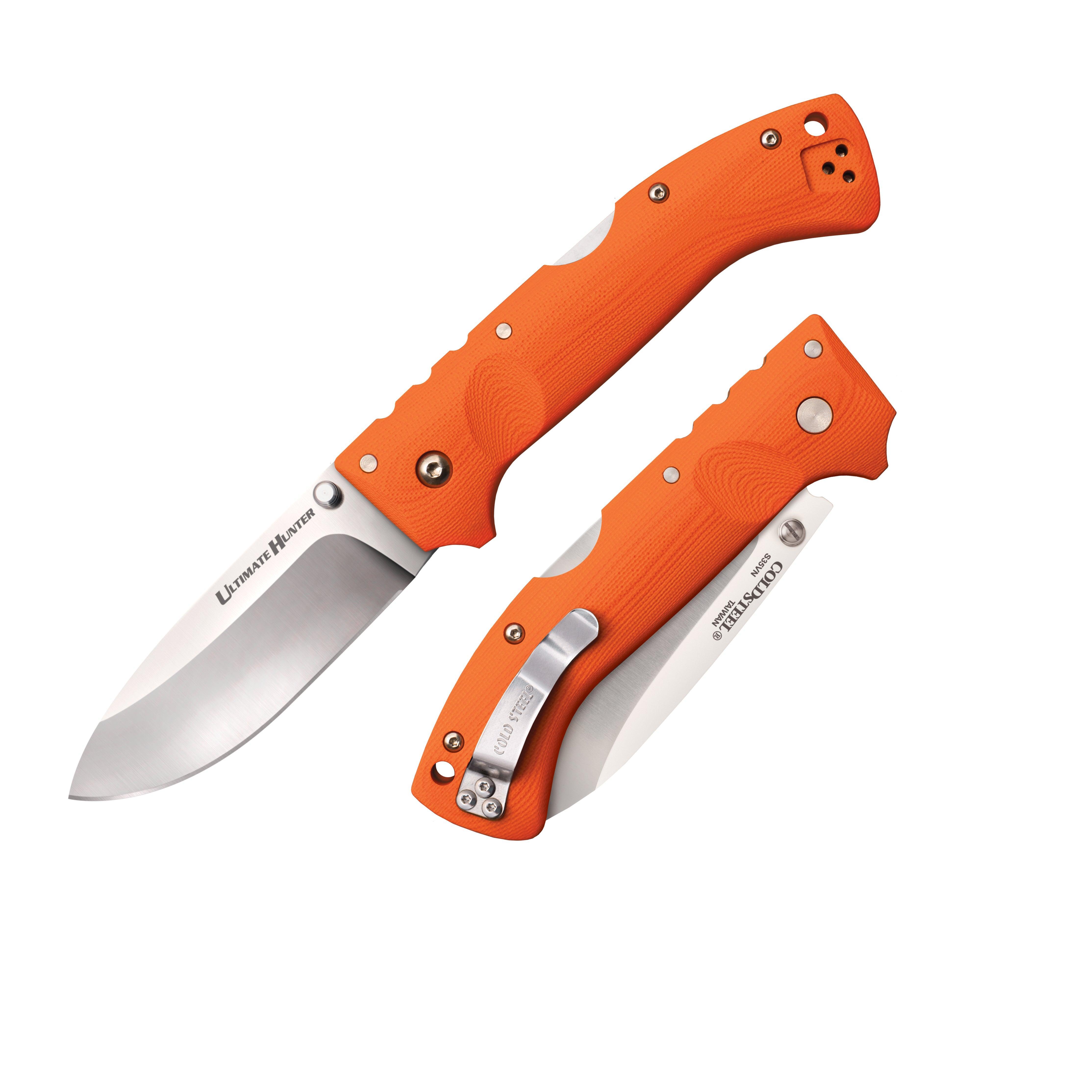 Orange handle folding hunting knife open and closed on white background