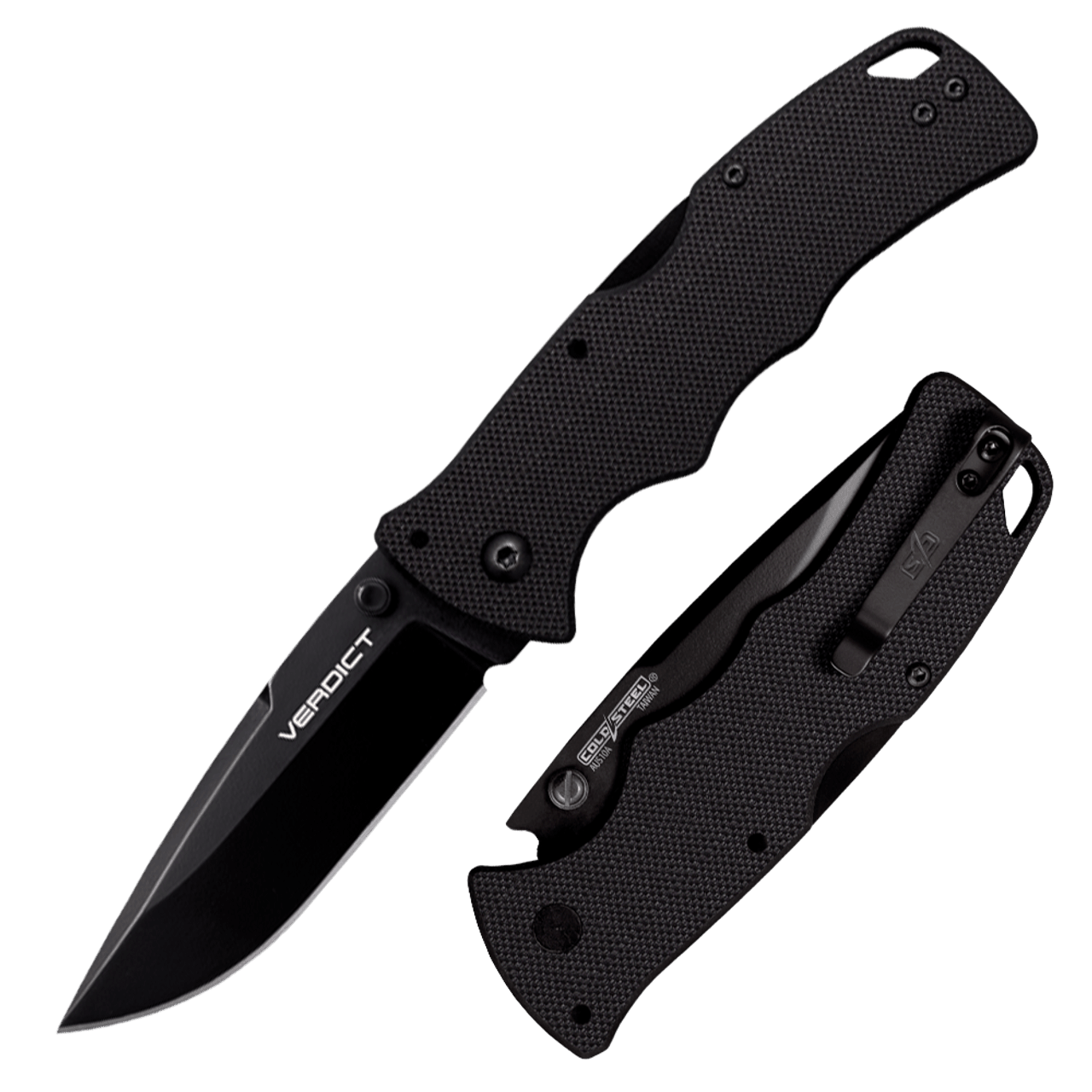 Black Cold Steel Verdict folding knife with textured handle and pocket clip