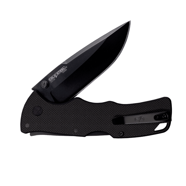 Cold Steel black folding pocket knife with textured handle and clip, blade open