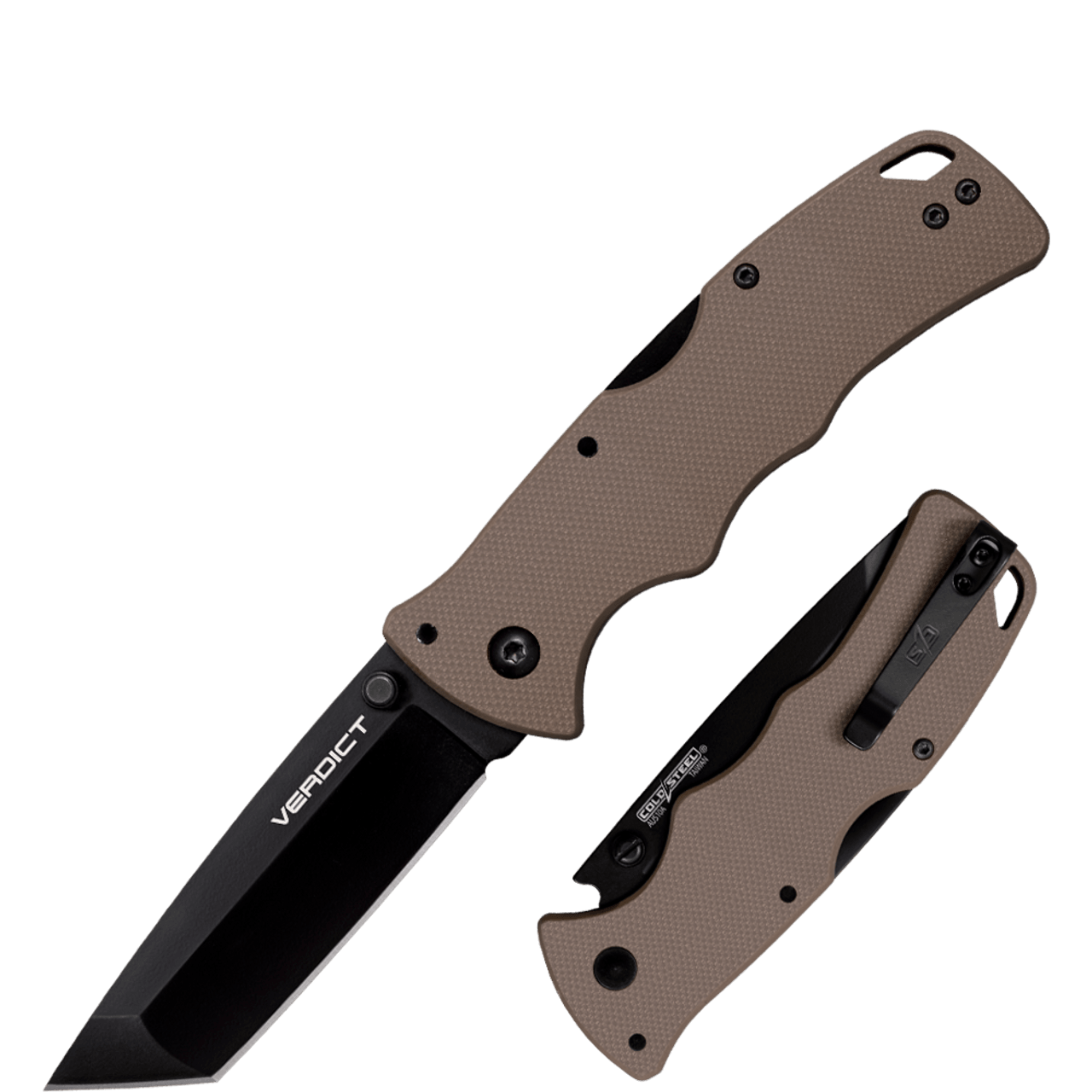 Cold Steel Verdict folding knife with tan textured handle and black blade