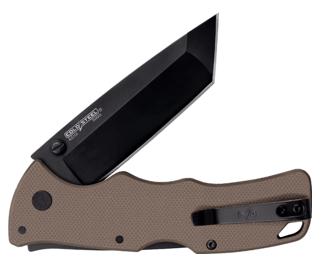 Cold Steel tan folding knife with black tanto blade and textured handle