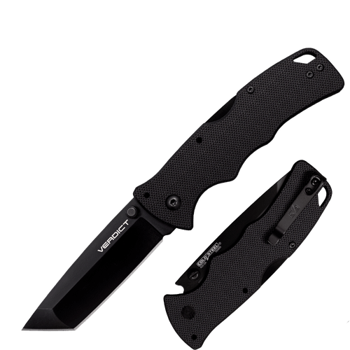 Cold Steel Verdict black folding knife with textured handle and tanto blade