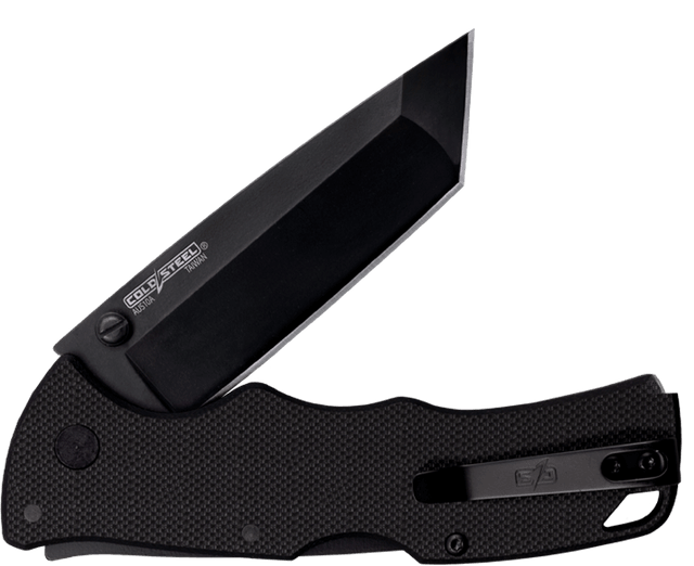 Cold Steel folding knife with black tanto blade and textured handle