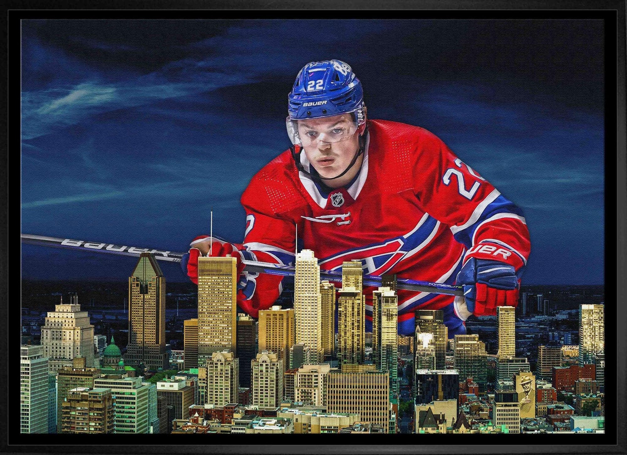 Hockey player in red Montreal Canadiens jersey over Montreal city skyline at night