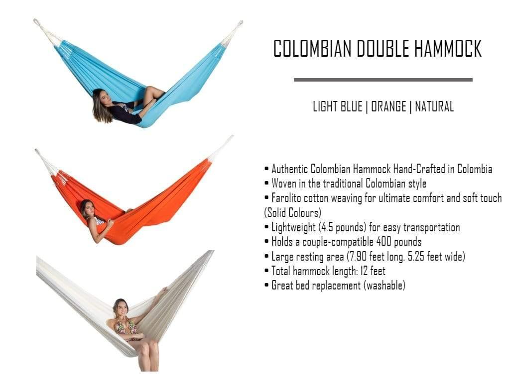 Three women lounging in blue, orange, and natural Colombian double hammocks on white background.