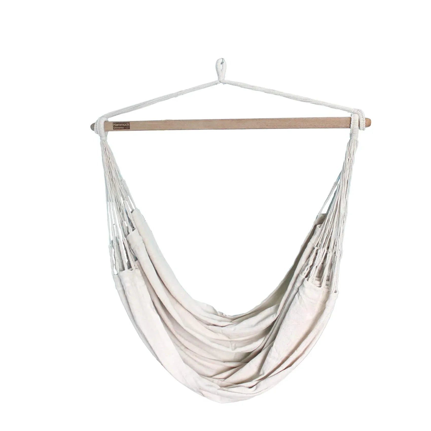 Natural Colombian hanging chair with wooden spreader bar on white background