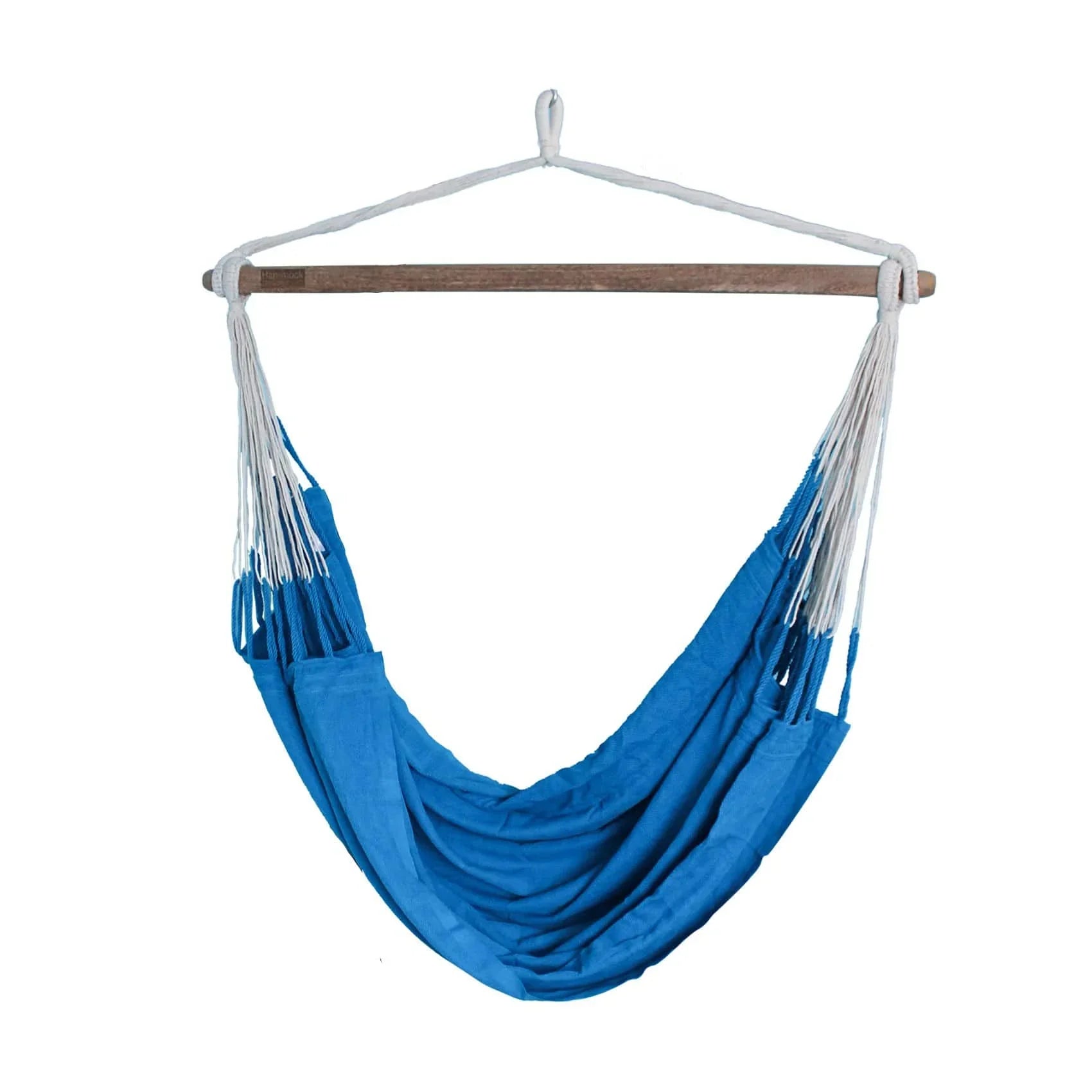 Blue Colombian hammock chair with wooden spreader bar and white hanging ropes