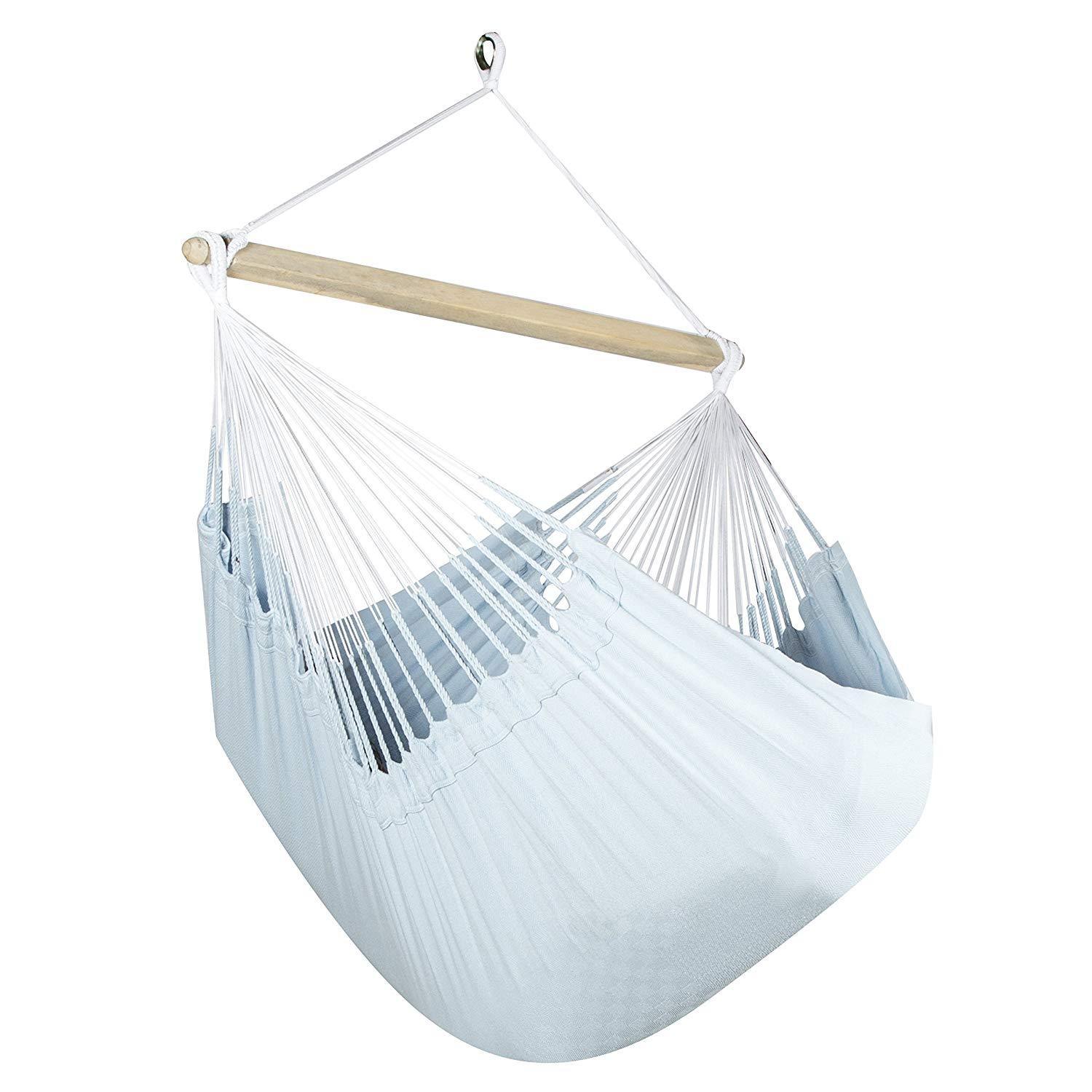 Light blue Colombian hammock chair with wooden spreader bar and white hanging ropes