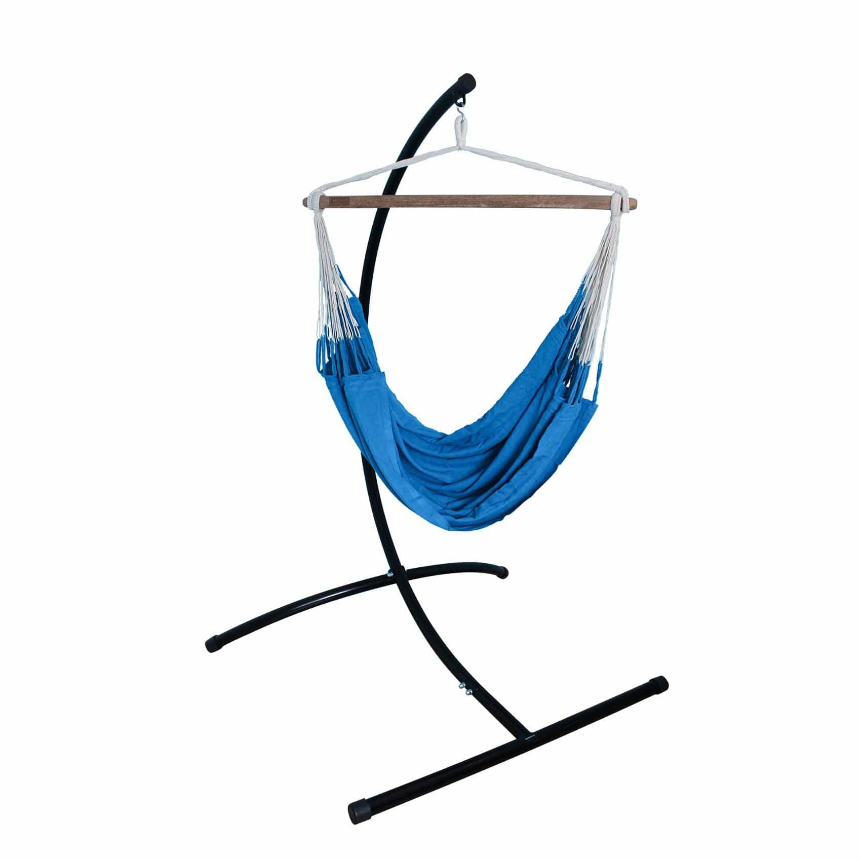 Blue Colombian hammock chair with black metal stand on white background