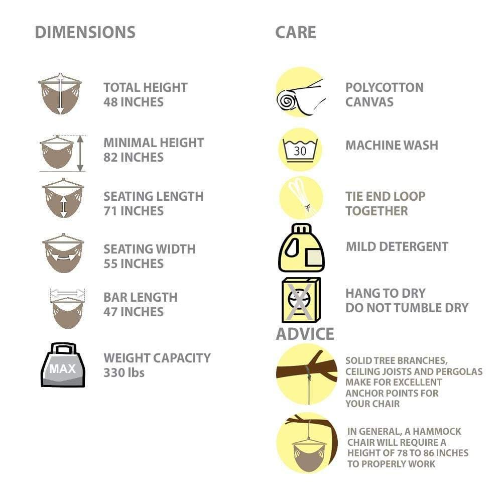 Colombian hammock chair size dimensions, care instructions, and installation tips chart.