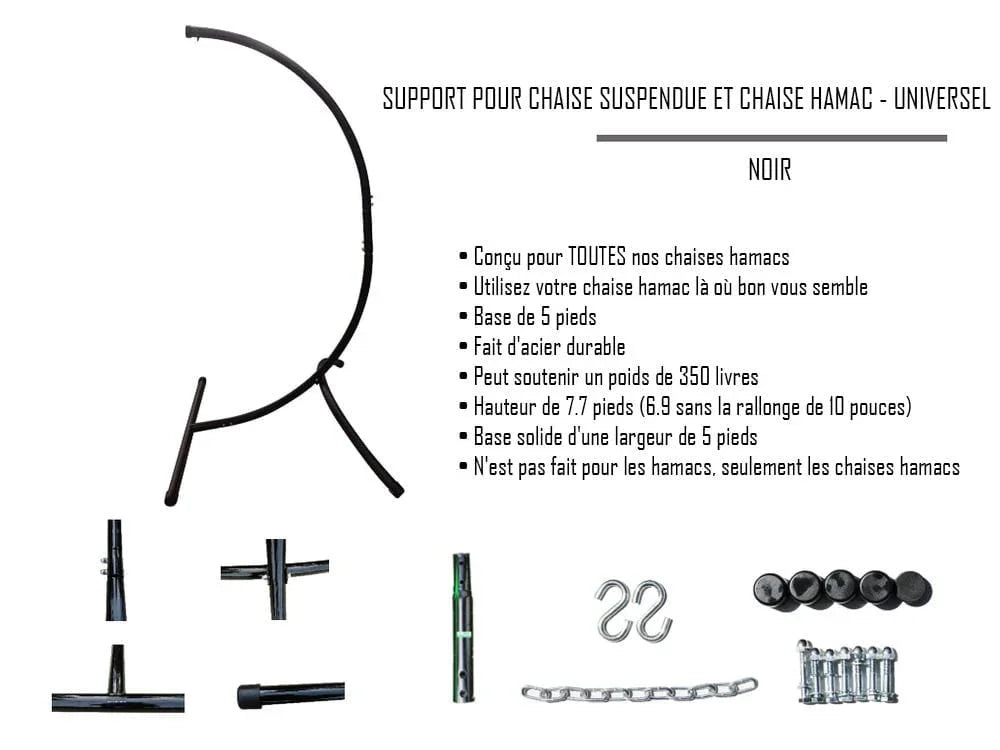 Universal black metal hammock chair stand with assembly parts and accessories laid out.