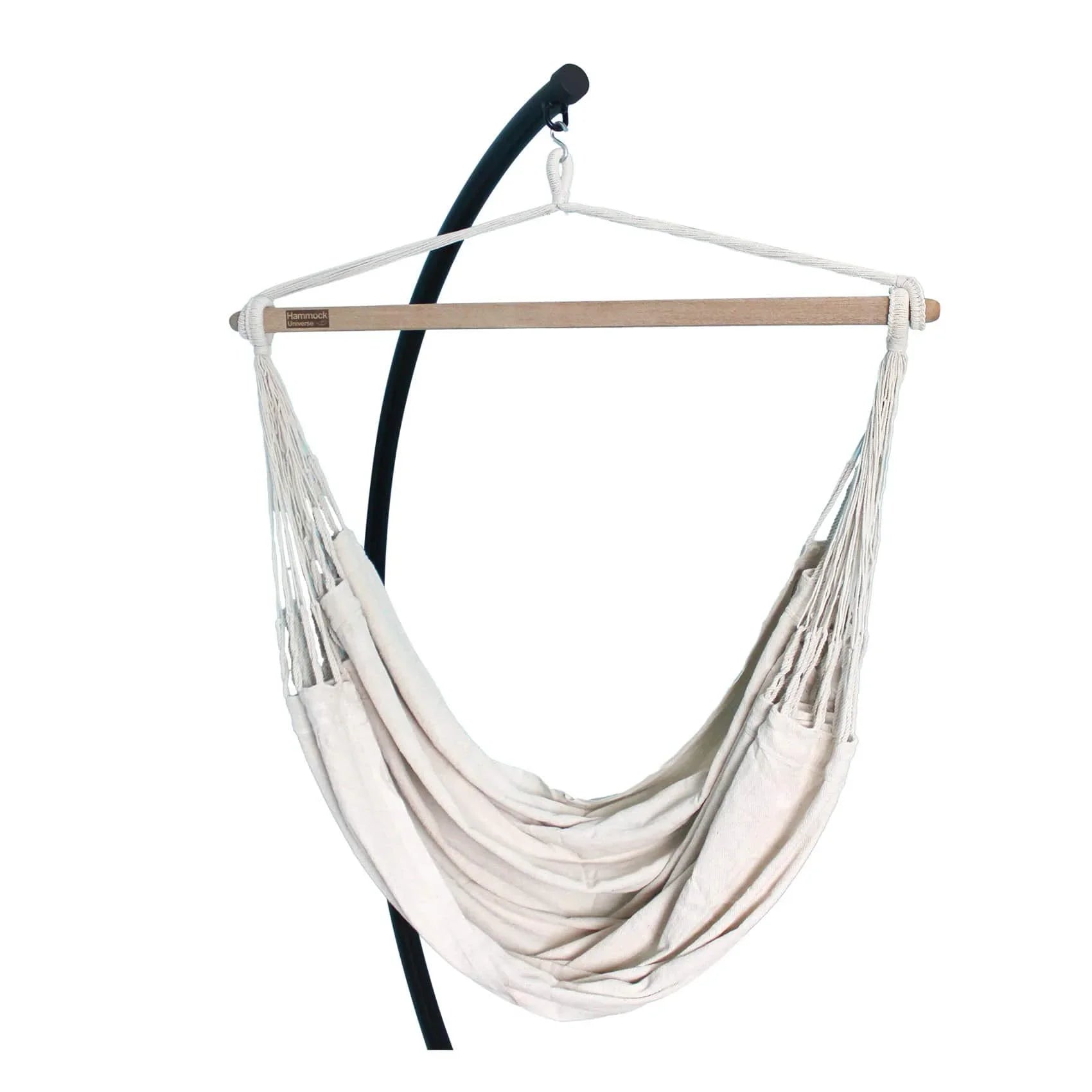 Natural Colombian hammock chair with wooden spreader bar and black metal stand