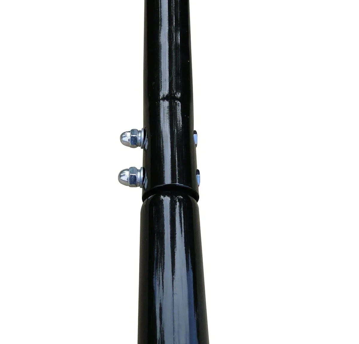 Close-up of black metal hammock chair stand pole with bolts and joints