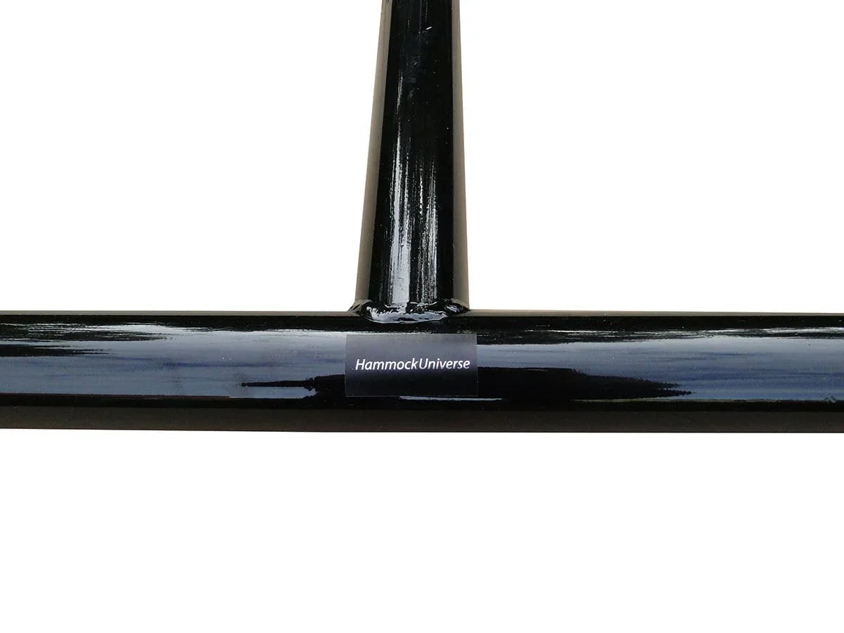 Black steel Hammock Universe chair stand base with logo on white background