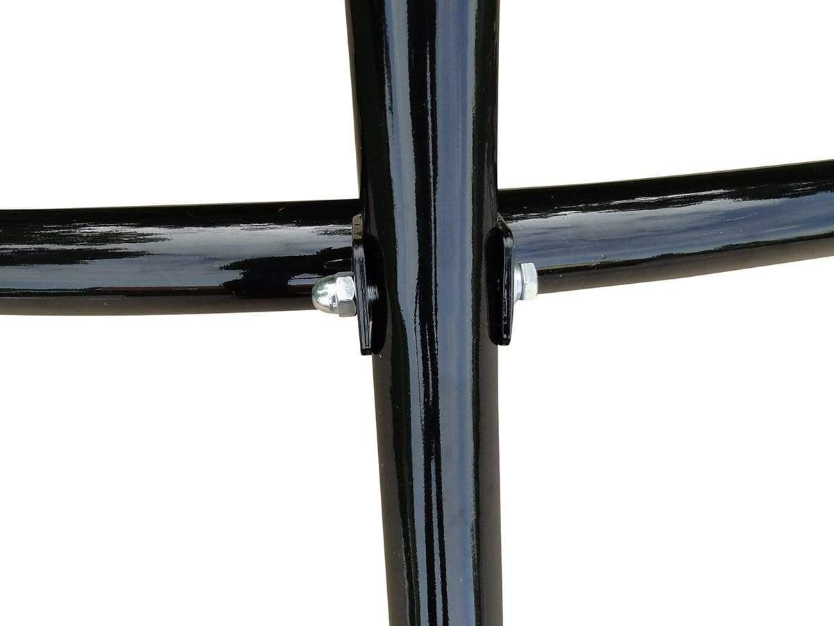 Close-up of black steel hammock chair stand frame with bolts and glossy finish