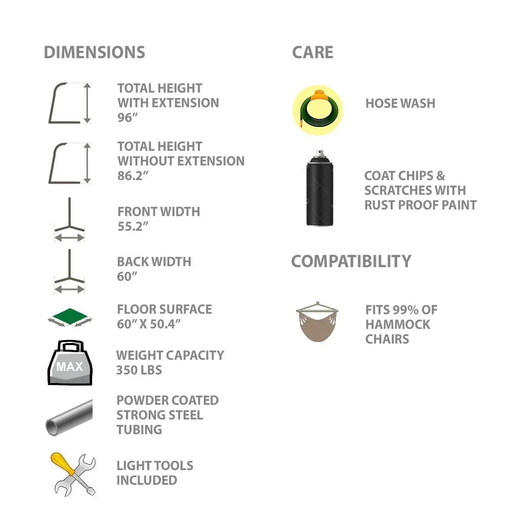 Chair hammock stand dimensions, care instructions, and compatibility chart with icons.