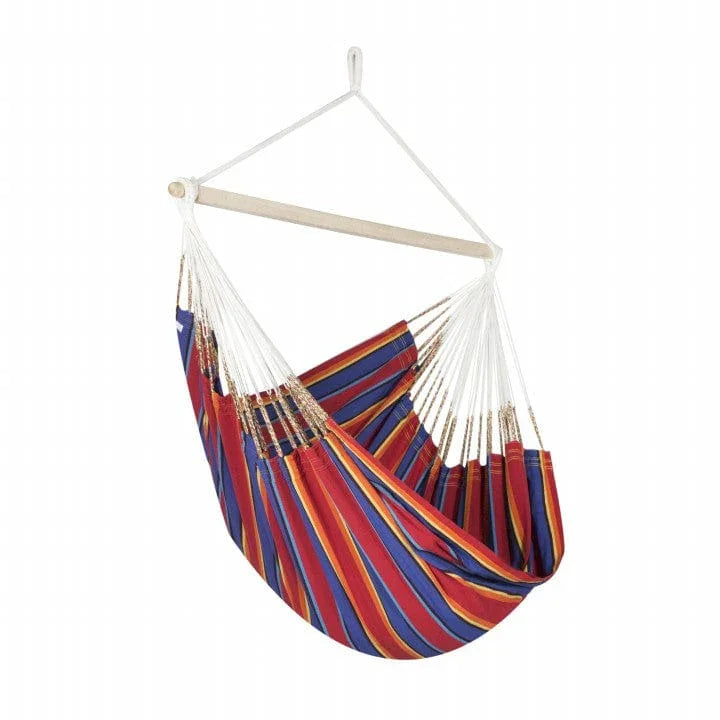 Colorful striped hammock chair with wooden spreader bar and hanging ropes on white background