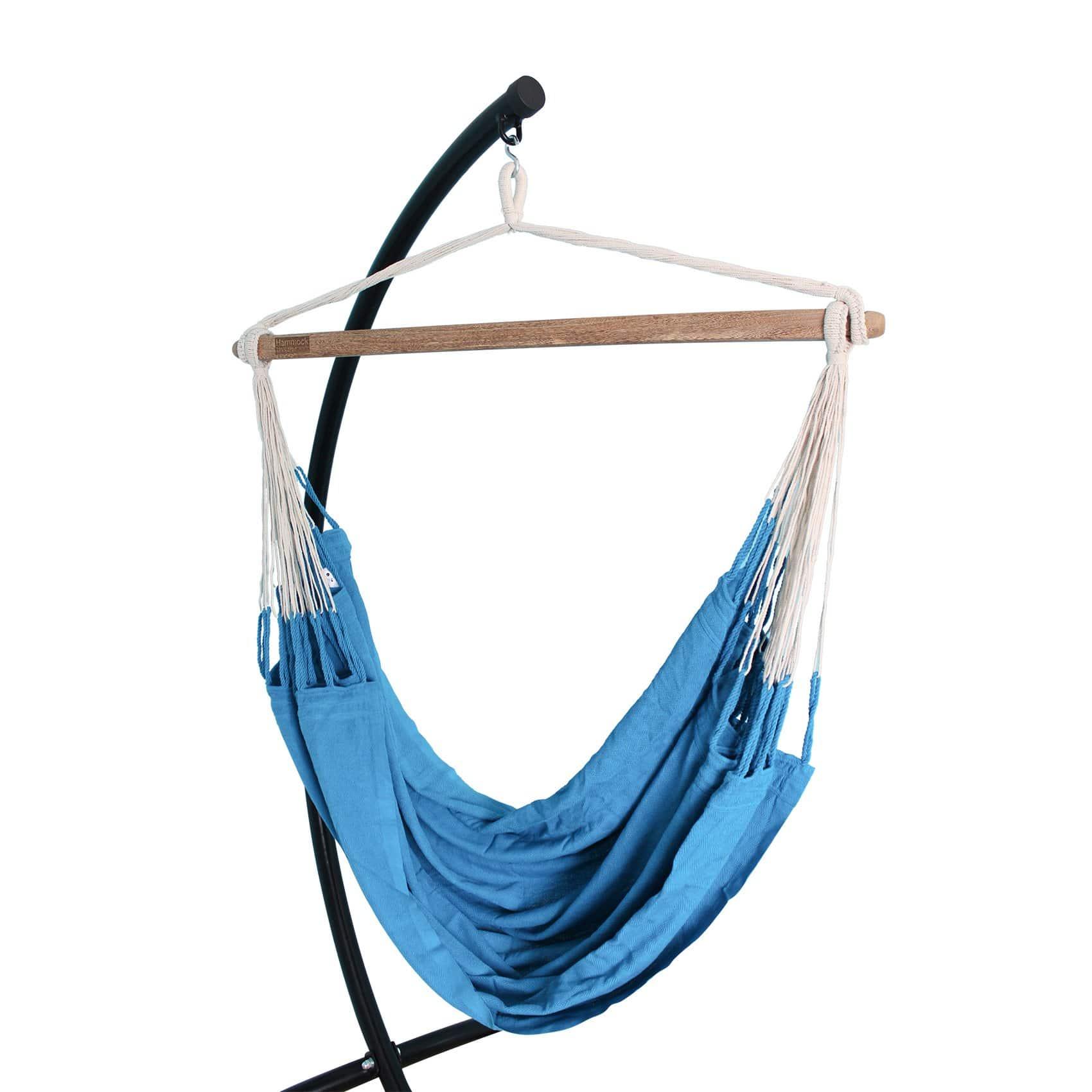 Blue Colombian hammock chair with wooden bar and metal stand on white background