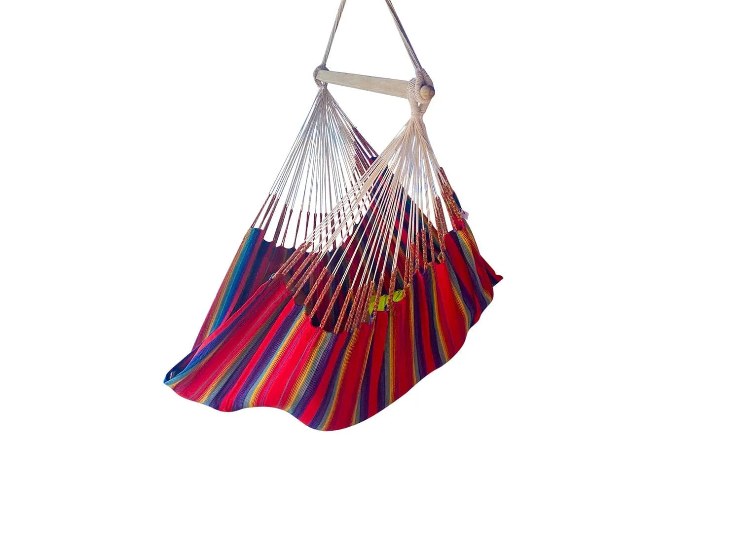 Colorful striped hammock chair with wooden bar, isolated on white background