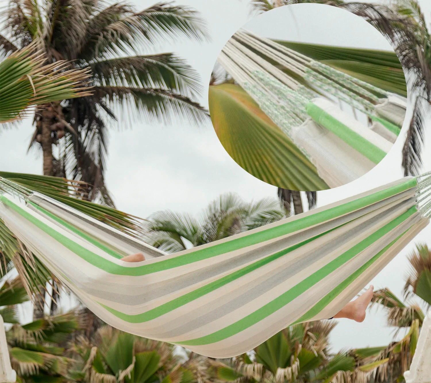 Striped green and beige Colombian hammock outdoors among palm trees, close-up of ropes inset.