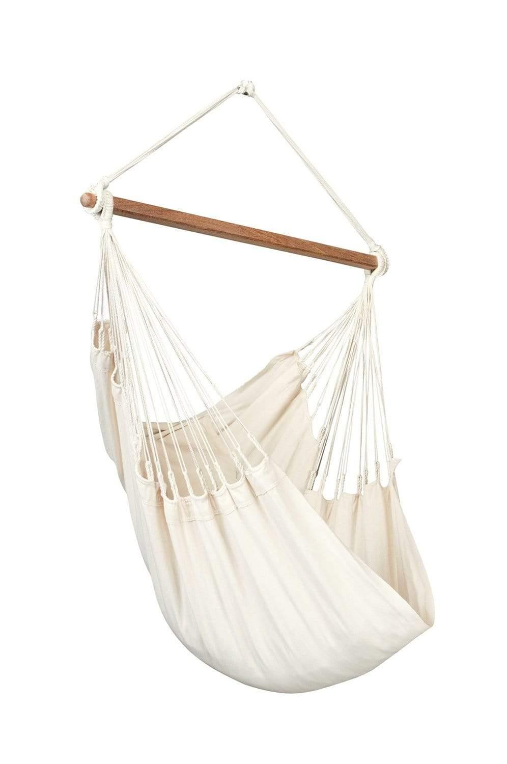 Colombian hanging chair in ecru cotton fabric with wooden bar and rope support