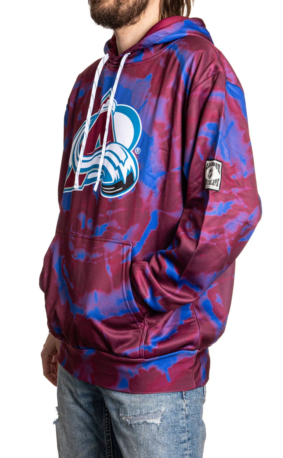 Colorado Avalanche sublimated hoodie with maroon and blue tie dye pattern