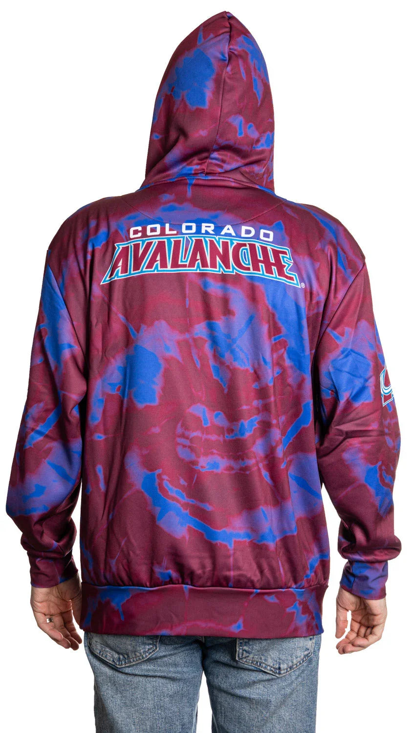 Colorado Avalanche sublimated hoodie with maroon and blue tie-dye pattern, back view