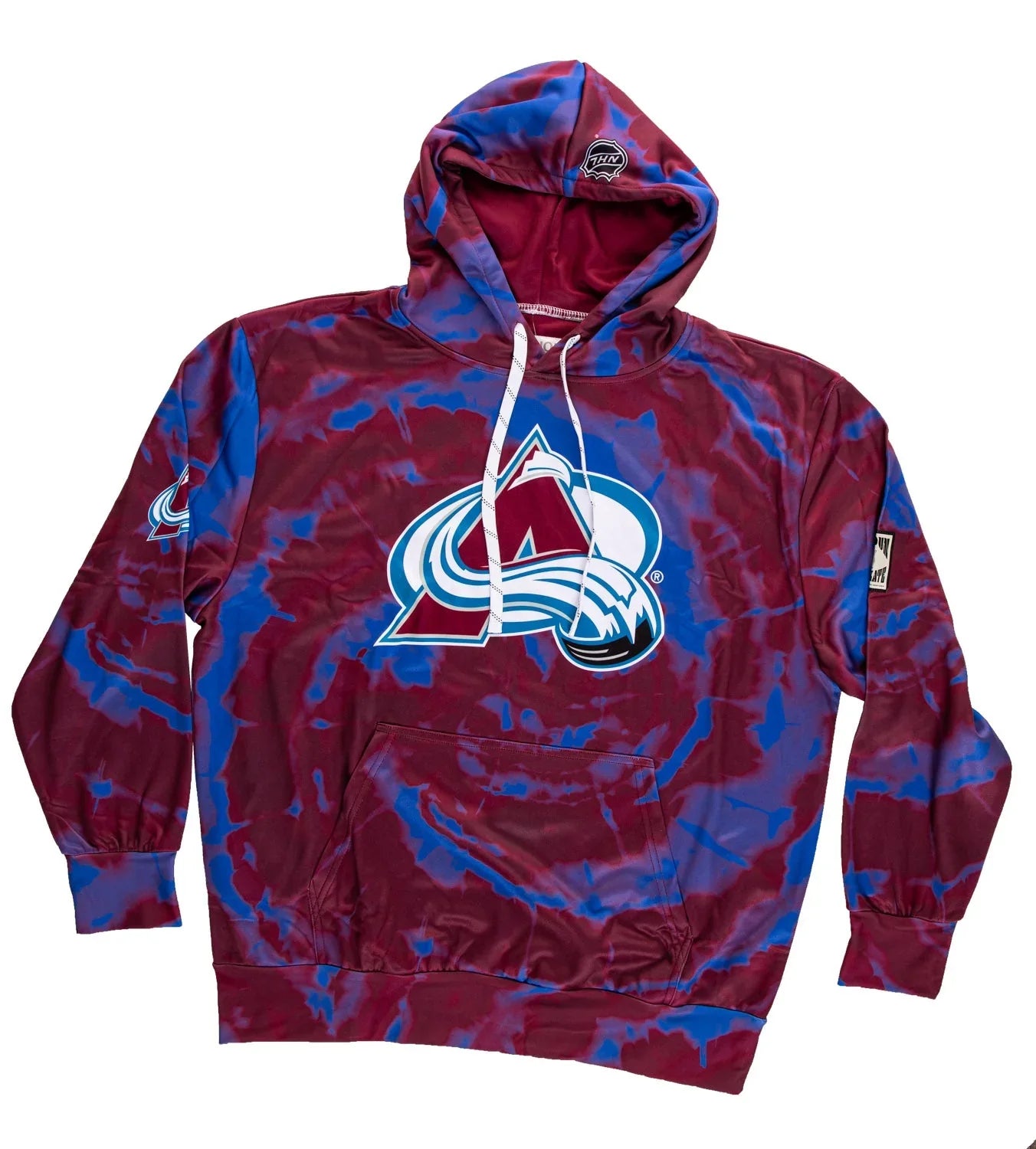 Colorado Avalanche tie-dye hoodie with team logo, maroon and blue pattern, front pocket.