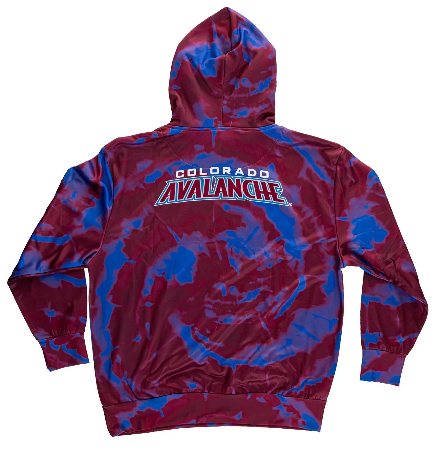 Colorado Avalanche hoodie with maroon and blue tie-dye pattern and team logo on back