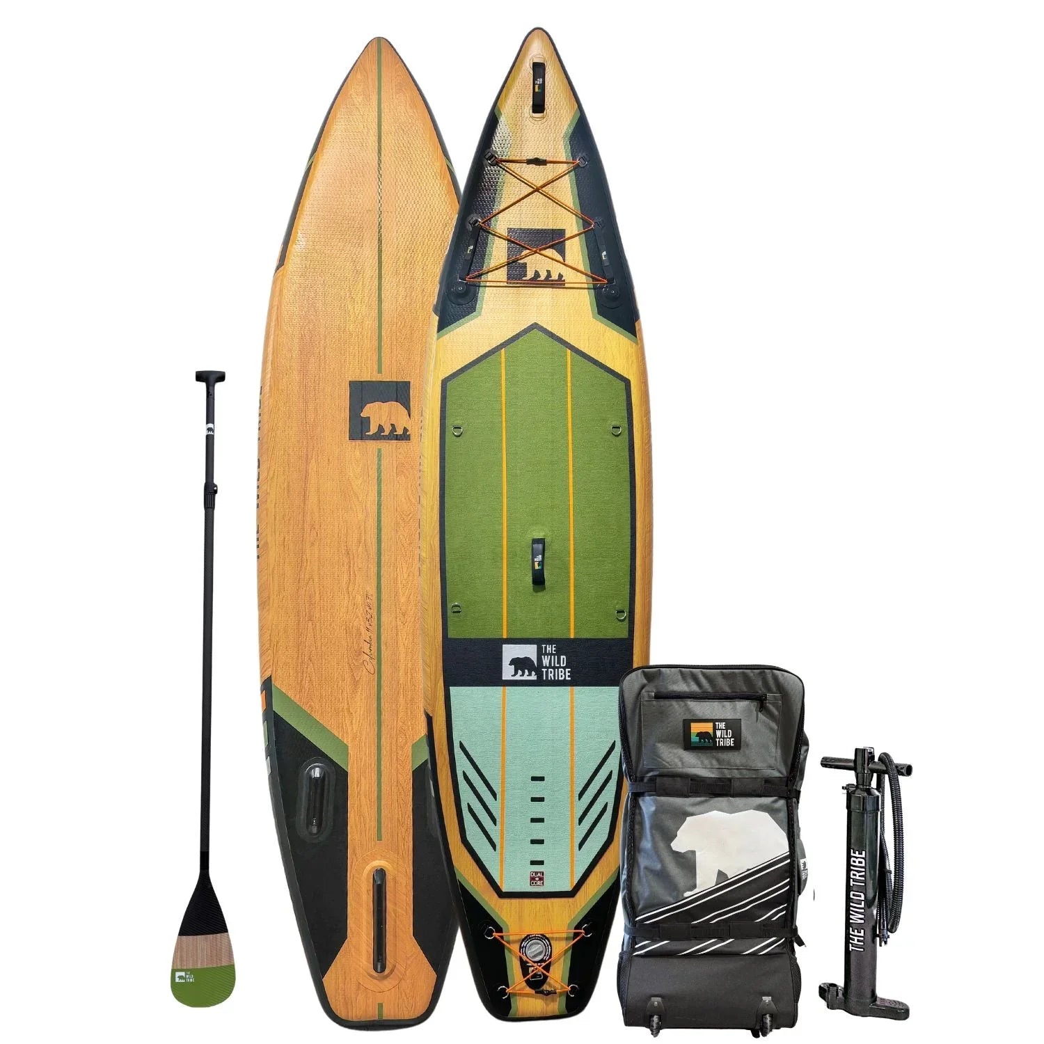 Inflatable paddle board set with two boards, paddle, carry bag, and pump, The Wild Tribe brand.